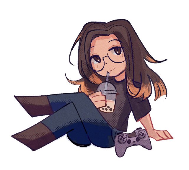 Chibi drawing of Isabel Ovalles drinking boba with a video game controller next to her